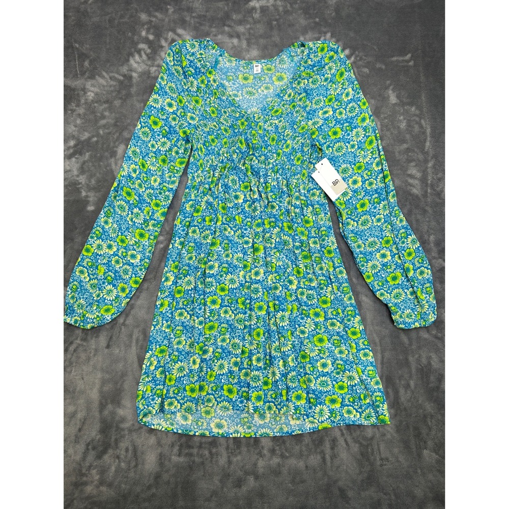 BP. Blue Lime Green Floral Smocked Long Sleeve Mini Dress XS New With Tags